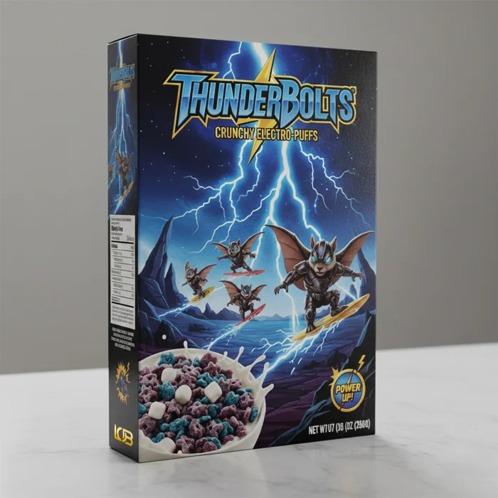 Custom printed thunderbolts cereal box
